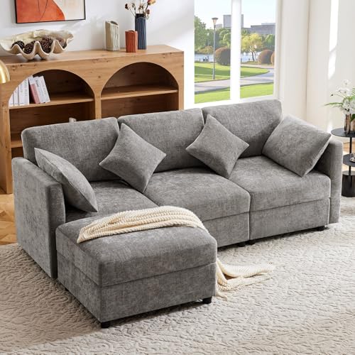 Canapé d'angle convertible en L avec repose-pieds,canapé 3 places tissu relax,canapé convertible 3 places,4 coussins,accoudoirs réglables,tissu chenille...