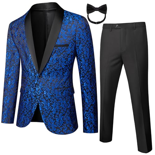 Mens Floral Tuxedo Suits Slim Fit 2 Piece Formal Embroidery Tuxedo Suit Set Shawl Lapel Suits for Wedding Prom Party Royal Blue
