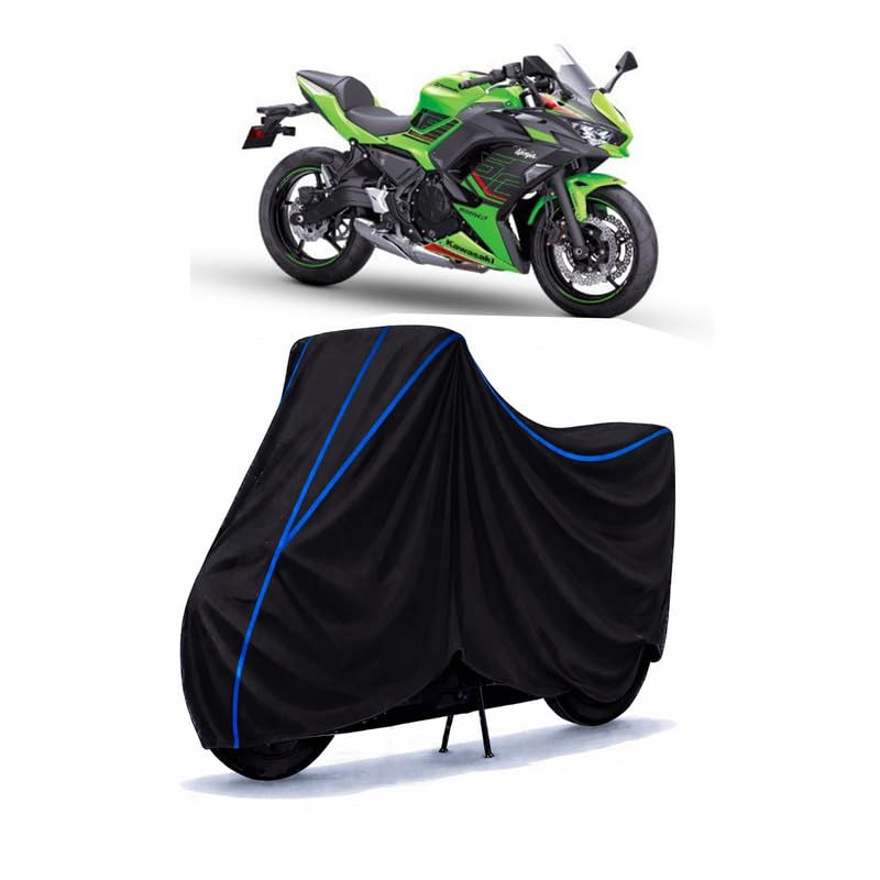 Image of Ninja 650 Bike Cover Water Resistant Universal Motorcycle Rain | Heavy Duty UV Protection, Dust, Scratch Indoor Outdoor All Weather with Black Blue Piping Elastic