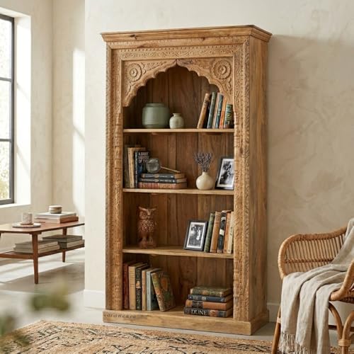 Image of Solid Wooden Book Shelf | Handcrafted Carved Display Unit Book Stand, Antique Wooden Book Shelves for Living Room, Office & Bedroom, Solid Wood Bookcase, Rustic Carved Bookshelf, Natural