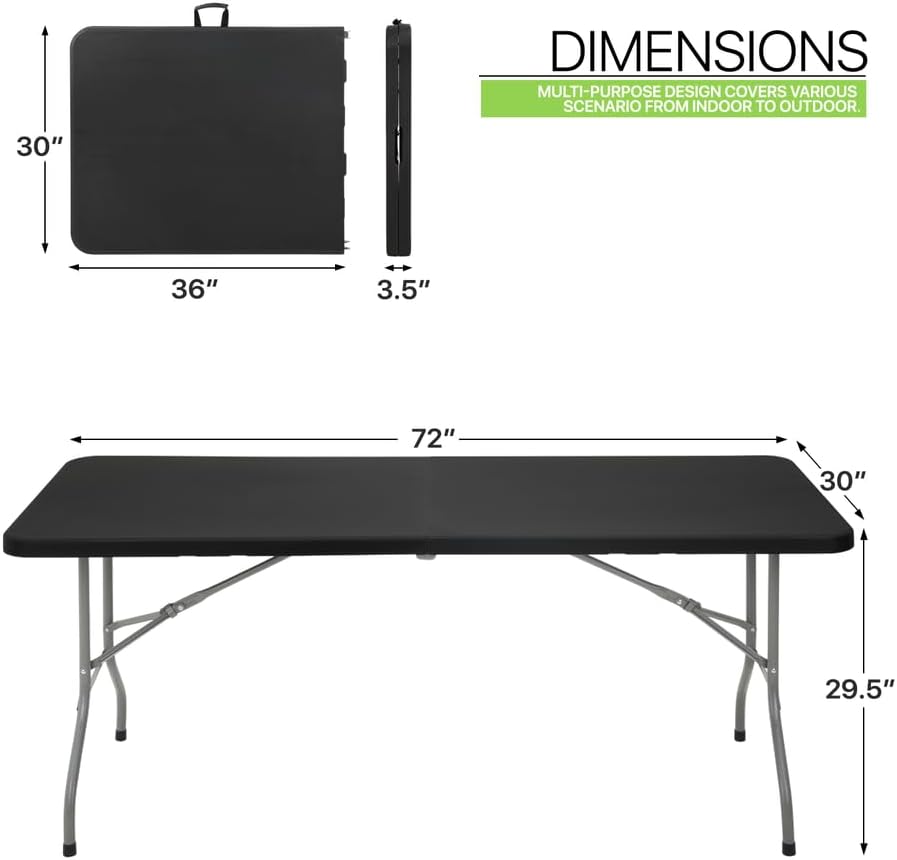 6ft Black Portable Foldable Plastic Card Table w/Handle Fold in Half Picnic Desk