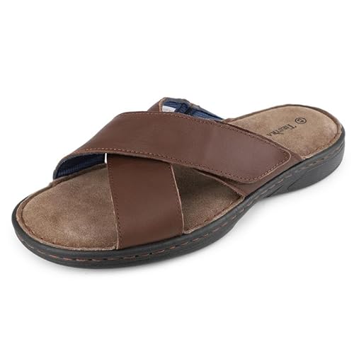 TIESTRA Sandal Mens Sandal Summer Slide Beach Indoor and Outdoor Anti-skidding walking Slippers with Adjustable Leather Straps Brown EU46/UK12