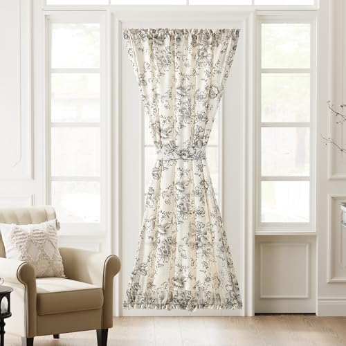 jinchan Floral French Door Curtain Farmhouse Linen for Sliding Glass Door 72 Inches 1 Panel with Tieback Light Filtering Curtain for Window Patio Rod Pocket Black on Linen by jinchan - Used condition - US$24.83