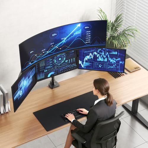 Image of PUTORSEN Quad Monitor Mount for up to 49'' Ultrawide on Top Bracket and 27'' Screens on Lower Brackets, Holds up to 44lbs, Quad Monitor Stand with Gas Spring, C-Clamp & Grommet Base