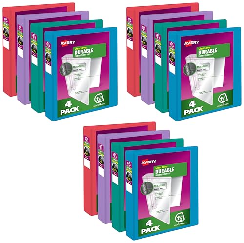 Image of Avery Durable View 3 Ring Binders, 1.5 Inch Slant Rings, 375-Sheet Capacity, Assorted Bright Colors, 4-Count (05687) - for School, Office, Teachers, Classrooms & Home Organization (Pack of 3)