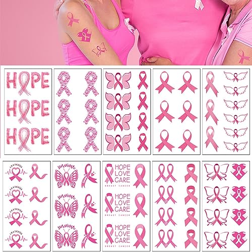 10 Sheets Pink Ribbon Temporary Tattoos Breast Cancer Awareness Tattoos