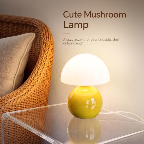 Image of Dawnwake Mushroom Lamp Table Lamp for Bedroom-Small Desk Table Lamps,Yellow | 8.7 inch Mid Century Modern Table Lamps for Living Room Bedroom Decor,Cute Ceramic Lamps for Mushroom Home Room Decor,Glass Shade