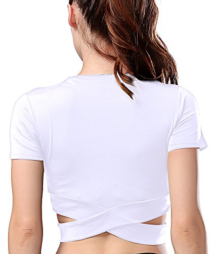 Campeak Women's Yoga Gym Crop Top Compression Workout Athletic Short Sleeve Tank T Shirt White S