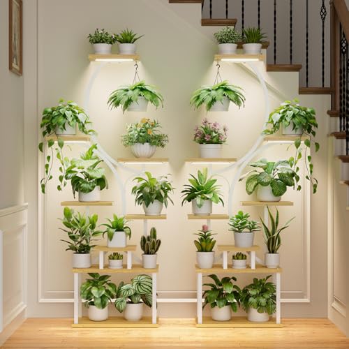 Image of BACEKOLL Plant Stand Indoor with Grow Light - 2 Pack Tall Indoor Plant Shelf, 62 inch Corner Plant Holder, 8 Tiered Large S-Shape Flower Multiple Display Shelf for Home, White