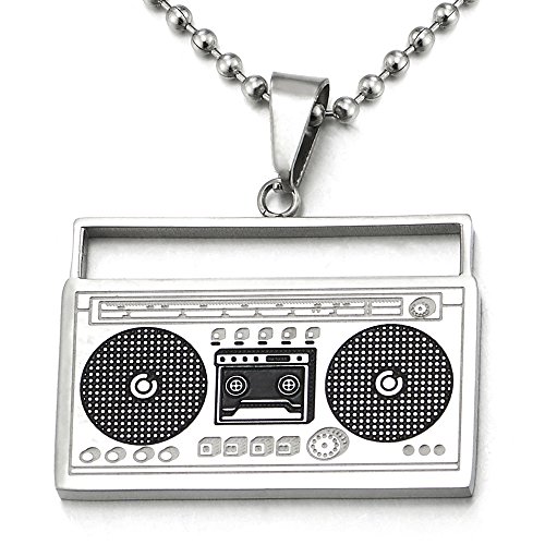 COOLSTEELANDBEYOND Steel Silver Black Cassette Player Pendant Necklace for Men Women with 30 inch Ball Chain
