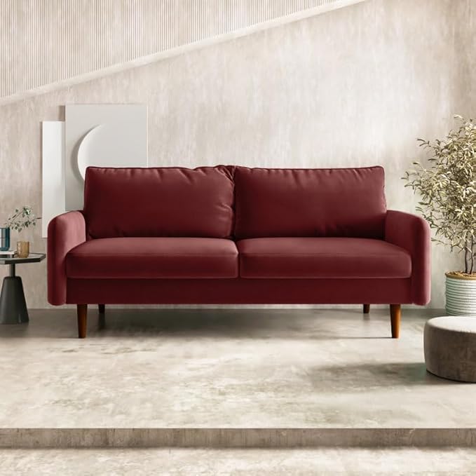 Image of Morrone Velvet Loveseat 3-Seater Sofa, Modern Upholstered Couch for Living Room, Bedroom and Office, Plush Cushion Accent Seating Furniture (Wine Red, 3 Seater)