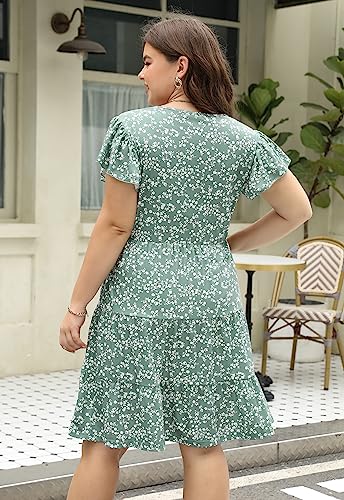 Image of Celkuser Womens Plus Size Summer Casual Midi Dress Short Ruffle Sleeve Tiered Empire Waist T-Shirt Dress with Pockets