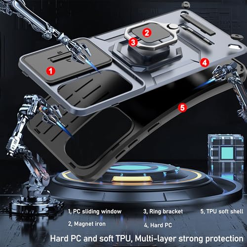 Image of Heavy Duty Armor Back Case Cover for Samsung Galaxy M56 5G - Magnetic Kickstand Ring with Camera Shutter Protection, Rugged Bumper Hard Back Cover for Samsung M56 5G (PC & TPU|Silver)
