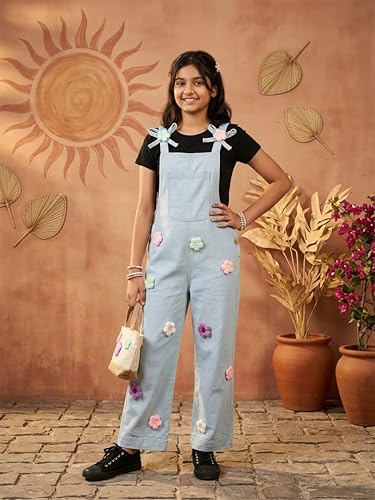 Image of KiddoPanti Girls Denim Dungaree Pant | Cotton Blend Stretch Jumpsuit | Single Front Pocket | Stylish Casual Kids Dungaree | Comfortable Everyday Wear 1-14 Years