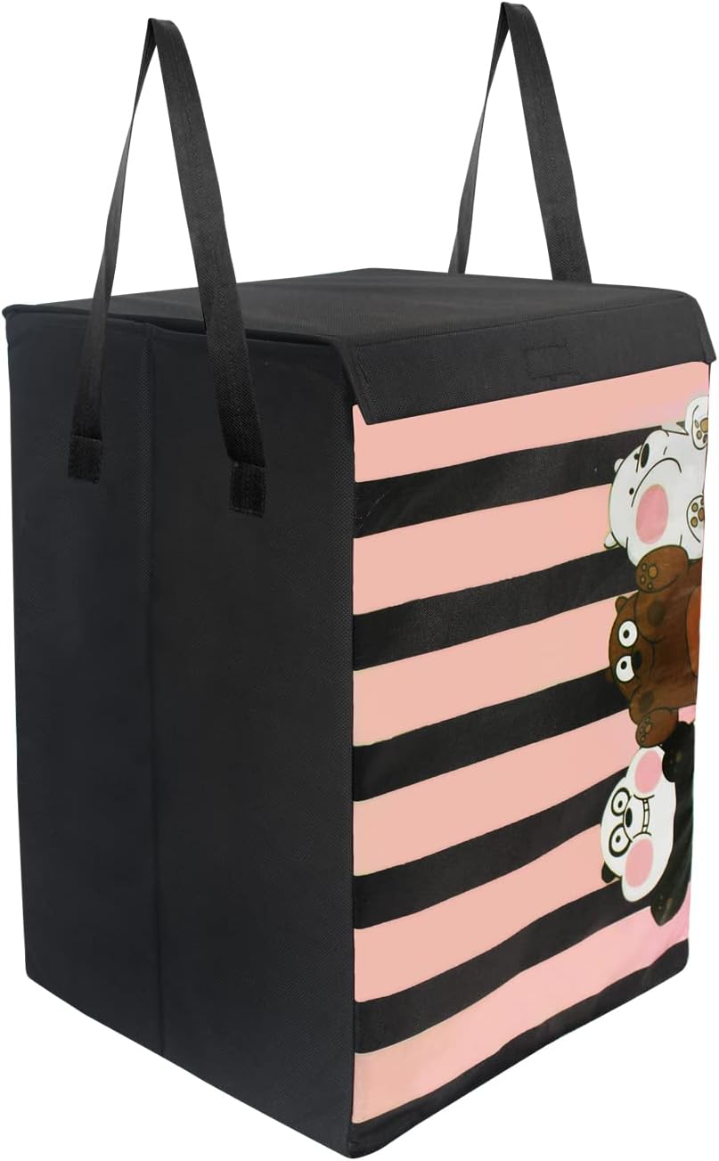 PrettyKrafts 75L Non Woven Panda Printed Square Foldable Large Laundry Bag/Basket With Lid & Handles, Freestanding Clothes Storage Organizer for Bedroom, Dorm (35x35x55cm, Black, Set of 1)