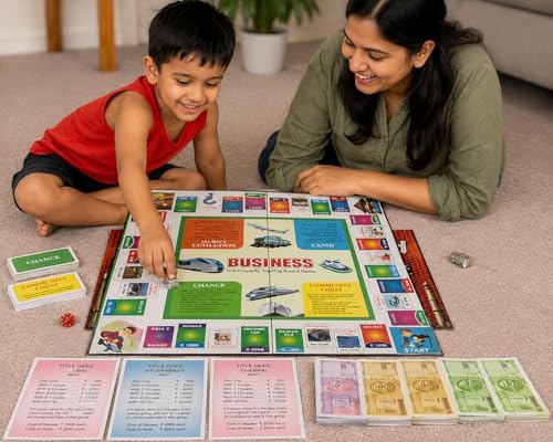 Image of Business Board Game for Kids & Family | Property Trading Strategy Game with Play Money, Dice & Cards | Fun Indoor Educational Game for 2-6 Players