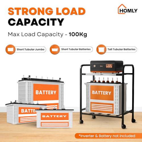 Image of Homly Uni Base Inverter Battery UPS Trolley Stand with 360 Rotating Lockable Wheels | Compact & Rust Resistant Inverter Stand for Home | Supports 1 Inverter & 1 Battery Upto 100 kg - Black & White