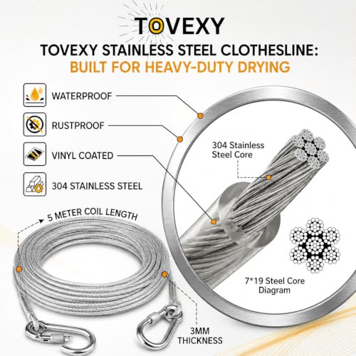 Image of Heavy Duty Stainless Steel Clothes Drying Rope 10 Meter with Hooks | Strong Rust Resistant Clothesline for Balcony, Bathroom, Travel & Camping | Cloth Drying Wire Indoor & Outdoor Use