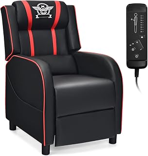 Giantex Gaming Recliner Chair, Adjustable Massage Gaming Chairs for Adults, Ergonomic Comfortable Lounge Leather Sofa w/Footrest, Remote Control & Side Pocket, Racing Style Single Sofa Recliners, Red