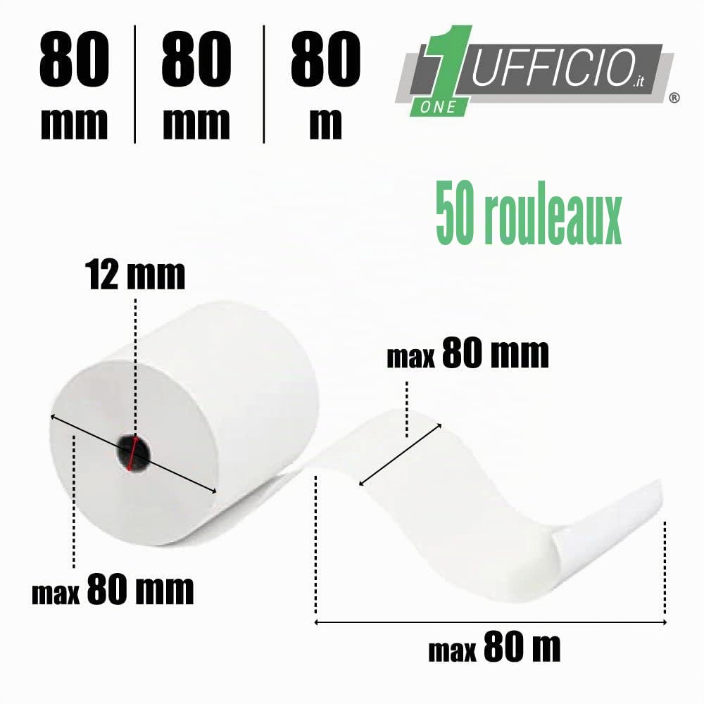 Lot de 50 rouleaux de papier thermique homologués 80 mm x 80 m, Diamètre 12 mm – Enregistreur de caisse haute qualité