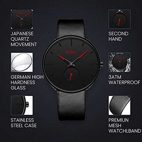 Mens Watch Minimalist Fashion Luxury Ultra Thin Wrist Watches for Men Business Dress Waterproof Casual Quartz Watch for Man with Leather Band - Black Red