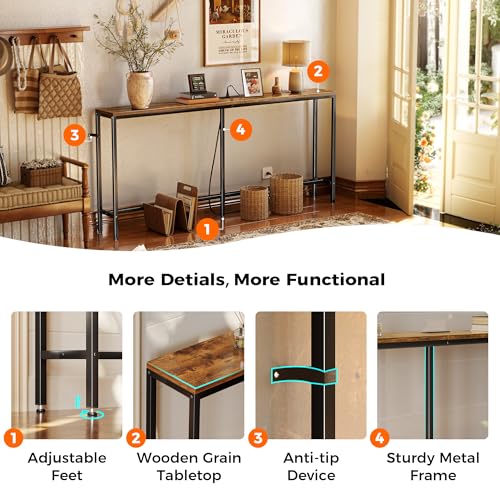 SUPERJARE 70 Inch Console Table with Outlet, Sofa Table with Charging Station, Narrow Entryway Table, Skinny Hallway Table, for Living Room, Rustic Brown by SUPERJARE - Image 8