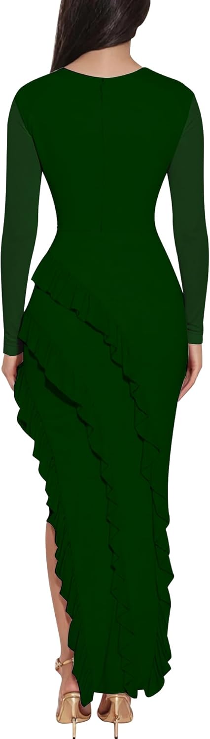 HOCILLE Women's Sexy Boat Neck Bodycon Maxi Dresses Long Sleeve High Slit Ruffle Cocktail Party Dress - Image 2