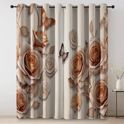 Marrón Beige Cortinas Opacas térmicas 2 Piezas 75An×166Al cm, Rosa 3D Mariposa Elegante Estampadas, para Invierno y Verano, bloquean Calor y frío, Ideales para Dormitorio y salón