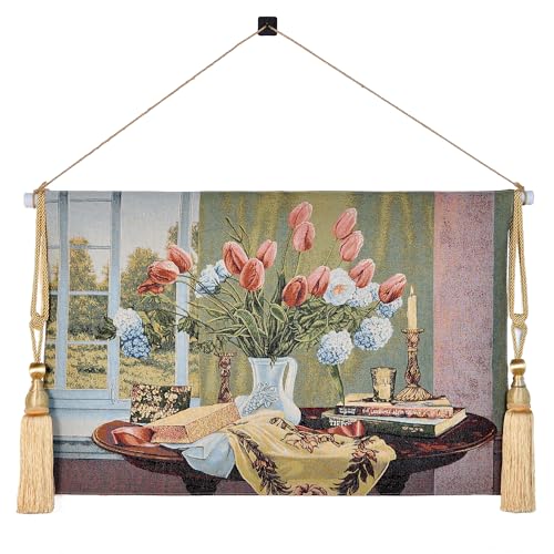 AureoMadis Vintage Floral Tapestry Wall Hanging Set with Telescopic Rod & Tassels - Jacquard Woven Fabric Aesthetic Flower Wall Tapestries for Bedroom/Living Room Decor Spring Botanical Art (42"x27")