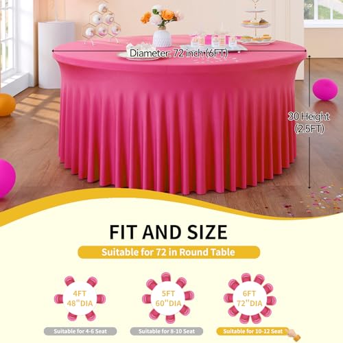 Outpain 6 Pack Spandex Hot Pink Round Tablecloths for 60in Tables, 120Inch Stretchy Fitted 5FT Round Table Clothes,Wrinkle Free Table Cover with Skirt for Wedding Party Dining Banquet by Outpain - Image 6