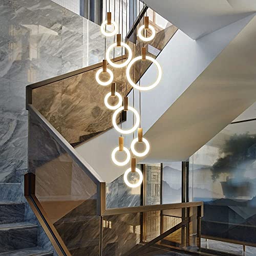 Jaymp 10 Rings Stair Chandelier High Ceiling Modern Led Acrylic Circle Wooden Nordic Art Pendant Lighting Long Chandeliers White Living Room Restaurant Hotel Hallway Entrance Staircase #TOP1