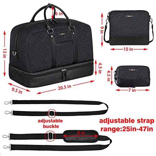 Image of Weekender Bag for Women, Large Overnight Bag Canvas Travel Duffel Bag Carry On Tote with Shoe Compartment 21 inch 3Pcs Set, A06-black+black, Large, Practical