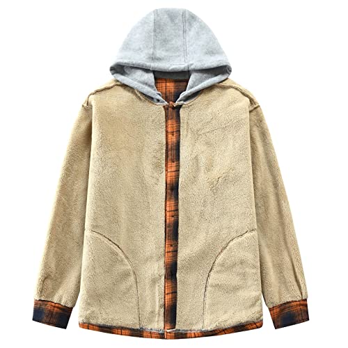 Image of Men's Cotton Plaid Shirt Jacket Fleece Flannel Sherpa Button Down