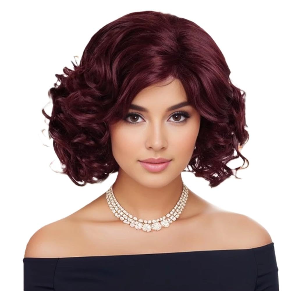 Haarpflege Mama-Perücken Kurzes Haar Braune Lockige Perücke Mit Seitlichem Pony Dunkle Wurzeln Ombré-Perücke Natürliche Frisuren Ältere Damenhaare(Wine Color)