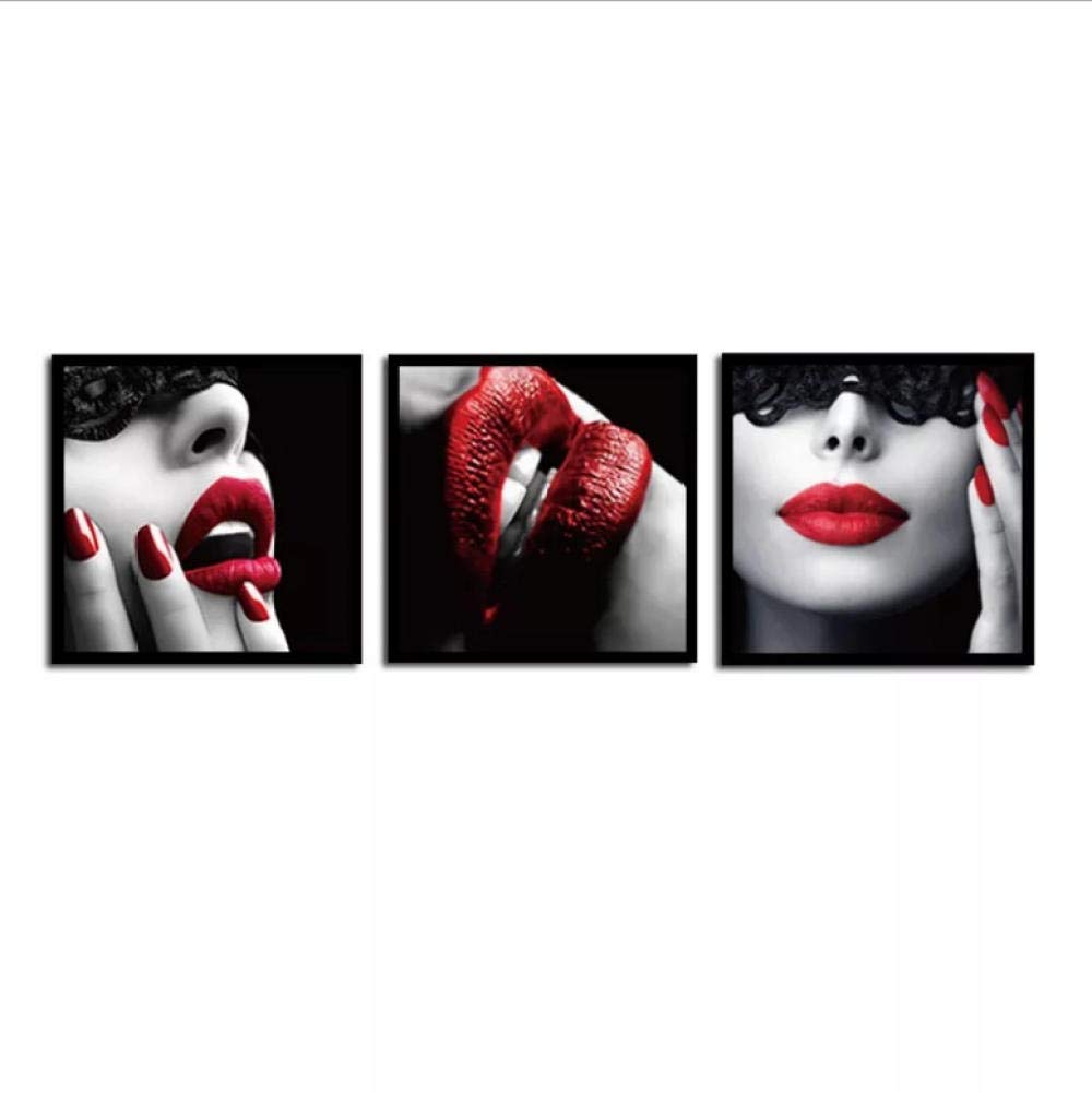 Pintura sin marco labios rojos triple foto blanco y negro para paredes vacías