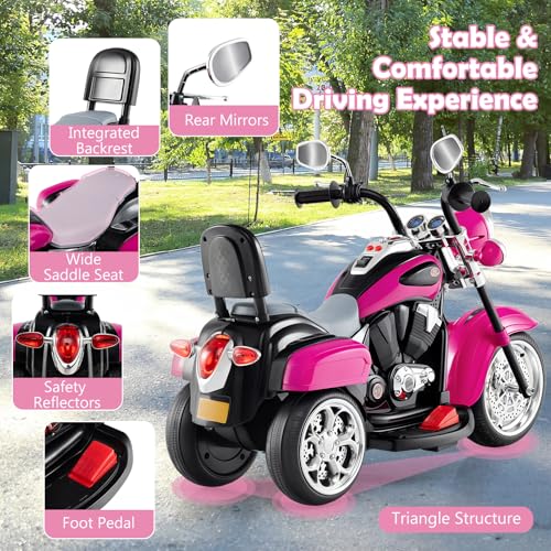 Image of Costzon 6V Ride on Chopper Kids Motorcycle with Horn, Headlight (Rose Red) | Battery Powered, 3-Wheel Stable Ride on Toys, Electric Toddler Motorcycle for Kids, Gift for Boys Girls