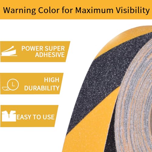 Image of Black & Yellow Anti-Slip Stair Treads Tape, 4 inch x35FT Heavy Duty Non-Skid Grip Tape for Indoor /Outdoor Steps, Bathroom & Pool - PVC Waterproof Safety Traction Tape