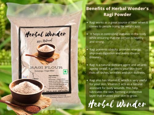 Image of Herbal Wonder Ragi Atta, Ragi Flour, Kelvaragu, Non-GMO, Gluten-Free, Chakki Ground Atta, No Added Sugar and Preservative Finger Millet Organic Ragi Flour for Dosa, Idly and Puttu (5 Kg)