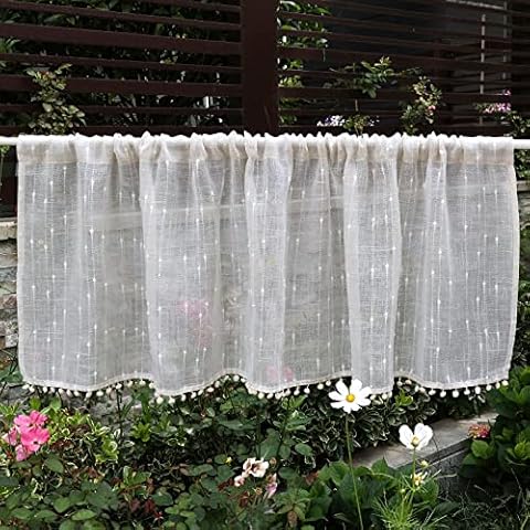 Voile Curtain Net Sheer Beige Linen Short Curtain with Pompom 24 Inches Drop Light Filter Privacy Protected Half Kitchen Curtain Rod Pocket Translucent Curtain Drapes for Bedroom Living Room Cover