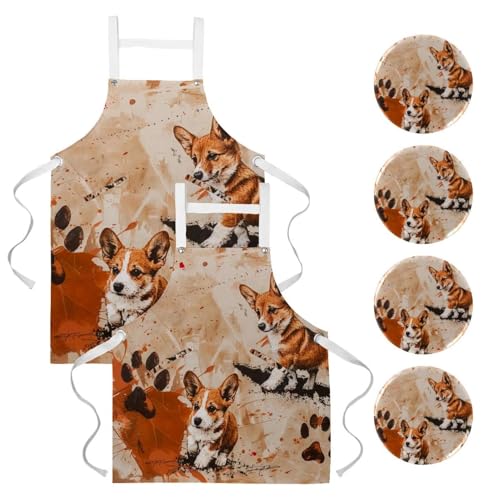 Lot de 2 tabliers de cuisine avec poches motif corgi grunge pour le restaurant