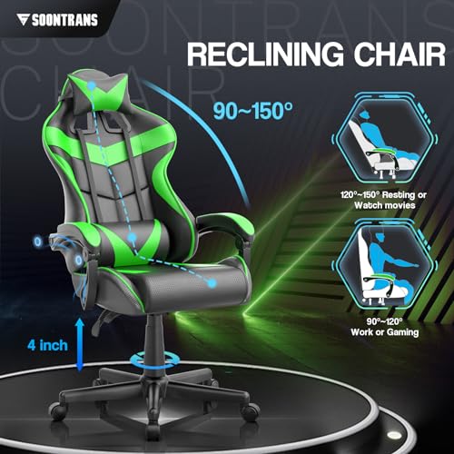 image for Soontrans Green Gaming Chair with Massage,Racing Gamer Chair for Teens