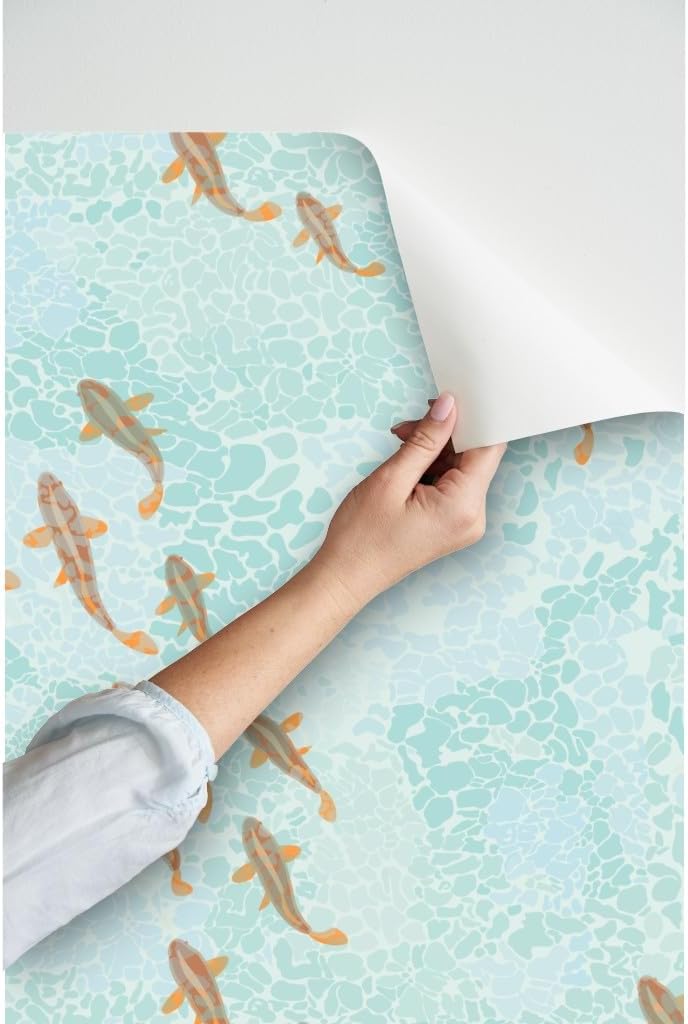 Peel & Stick Wallpaper 3ft x 2ft - Orange Fish Water Sea Ocean Wave Nautical Custom Removable Wallpaper by Spoonflower