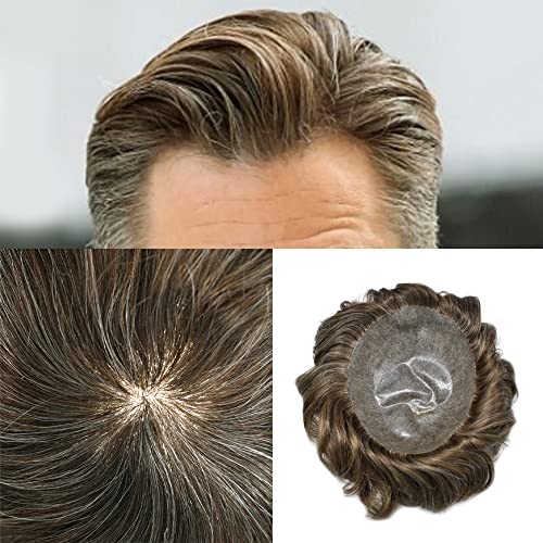 Mens Toupee Hairpiece 100% Real Human Hair Toupee for Men Invisible Full Poly Coated Hair Replacement System Thin Skin Hair Prosthesis Pieces for Men8x10#530 5# MEDIUM LIGHT BROWN+30% Grey120%density