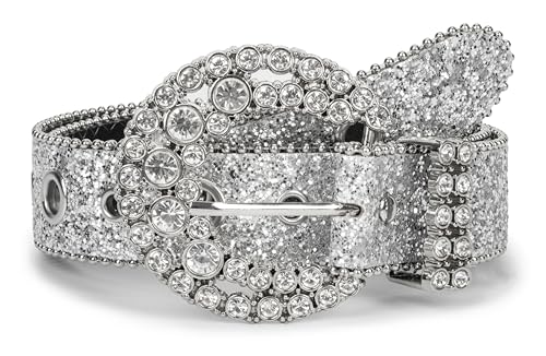 INOGIH Women-Glitter-Rhinestone-Western-Leather-Belt Cowboy-Cowgirl-Belt Silver-Sparkly-Diamond Waist-Belt for Jeans Pants