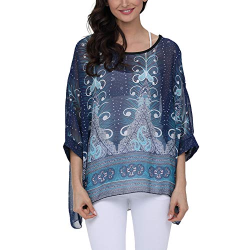 Image of Ckikiou Plus Size Batwing Flowy Semi Sheer Chiffon Blouse Tunic for Women Summer Floral Print Boho Beach Cover ups