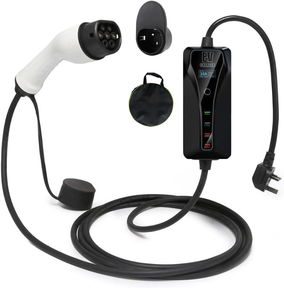 Cable de cargador de vehículo eléctrico Tipo 2 a enchufe de 3 clavijas del Reino Unido Ajustable 8-16A Cargador de coche eléctrico 3.5kW con pantalla de interfaz/bolsa de almacenamiento IP66,5m