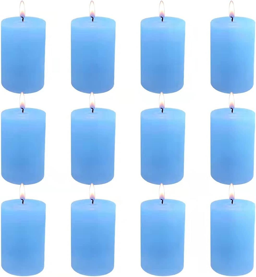 MISSYO 12 Pack 2x3 Inch Light-Blue Pillar Candles, 24 Hours Dripless Smokeless Unscented Candles for Home Weddings Restaurant Spa Church
