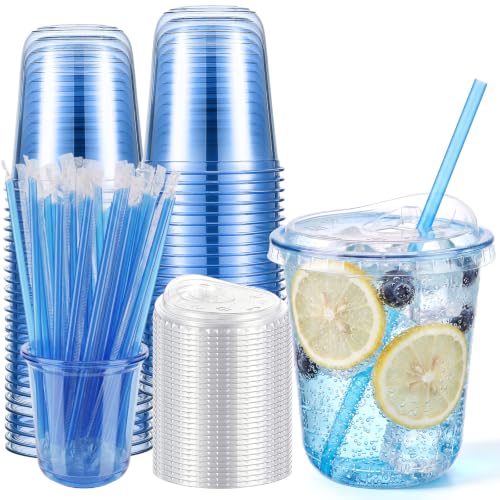 Ziliny 50 Pack 12oz Blue Plastic Cups with Lids Straws for Iced Drink