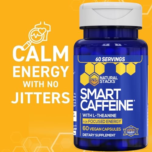Image of NATURAL STACKS Smart Caffeine Pills - 100mg Caffeine + 200mg L-Theanine Supplement - Supports Energy and Focus - No Jitters and No Crash - 60 Capsules