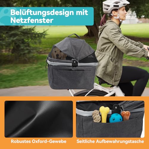 DAISTERN Hundefahrradkorb bis 12kg für Gepäckträger mit Metallrahmen, Schnellmontage-Halterung, Netzfenster, weichem Sitzkissen, Reflektorstreifen, faltbar, passend für E-Bikes & Citybikes